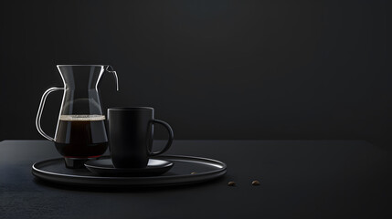 Dark plates and mug with coffee carafe on tray in front of dark background : Generative AI