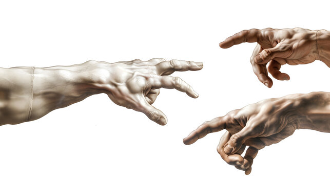 Hands reaching out to help or give Two male hands trying to touch like in the creation of Adam isolated on white background : Generative AI