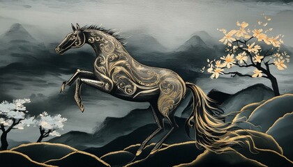 Artistic background with abstract illustration of a horse, chinoiserie, and golden brush