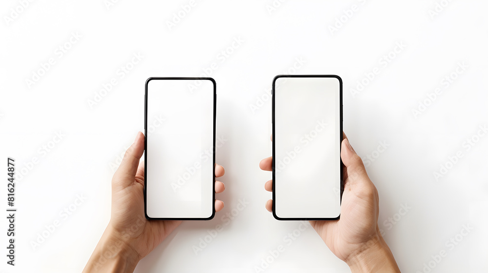 Poster Two hands holding smartphone blank screen mockup frame isolated on white background : Generative AI