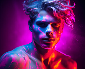A dramatic man's face is lit with neon colors, displaying a powerful and artistic expression with modern aesthetics