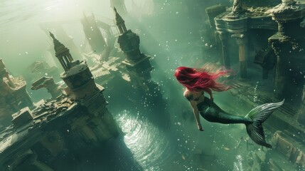 Beautiful Mermaid Swimming Underwater Deep