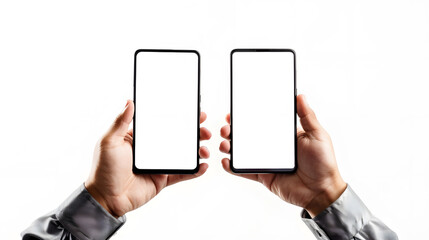 Two hands holding smartphone blank screen mockup frame isolated on white background : Generative AI