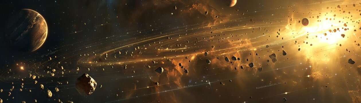 An educational diagram showing the position of the asteroid belt in our solar system, with labeled asteroids and their orbits
