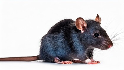 blue baby rat sitting up side ways. Looking to the side up and away from camera. isolated with white background