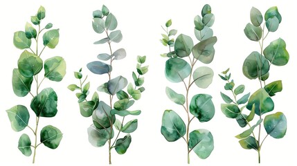 Watercolor floral illustration set - green leaf branches collection, for wedding stationary, greetings, wallpapers, fashion, background. Eucalyptus, olive, green leaves, etc