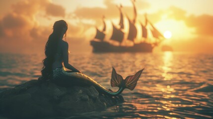 Beautiful Mysterious Mermaid Sitting Rock