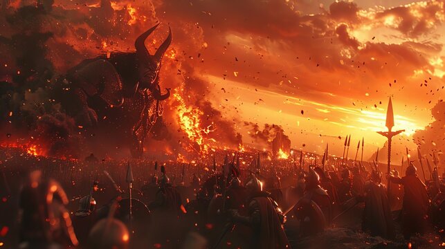 An epic battle scene from Ragnarok, with gods and monsters clashing violently under a bloodred sky