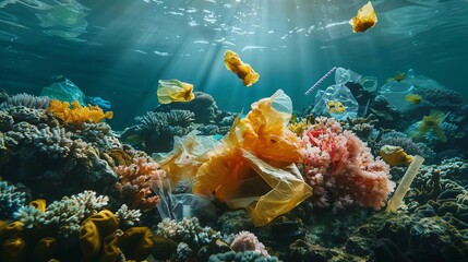 An underwater photograph showing a coral reef entangled with various forms of plastic rubbish, from shopping bags to straws, affecting marine life
