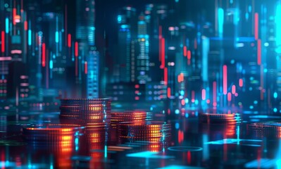 Fototapeta premium Digital background of the stock market with arrows pointing up and down, a blue graph chart and stacks of coins in front view on a dark city background