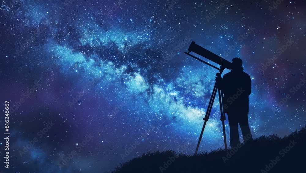 Wall mural a silhouette of an scientist with telescope standing on top hill, starry sky and milky way in backgr