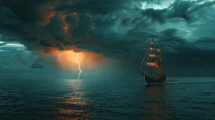 Fototapeta premium Sailing ship in sea water in rain thunderstorm.