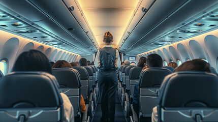 airplane cabin interior, neatly arranged seats facing a standing area where a flight attendant demonstrates safety protocols, the focus on a poised flight attendant at the front with passengers lookin