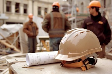 construction helmet and blueprints on a table, in background workers discussing at a construction site