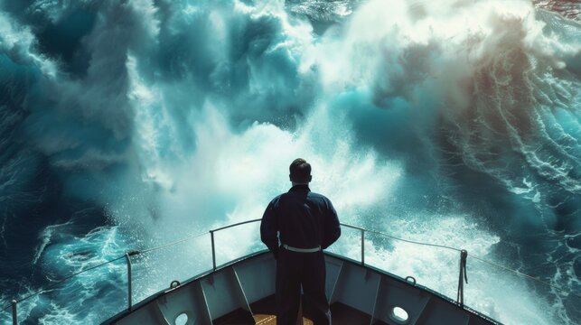 A ship captain on bow with giant tide in turbulent sea water.