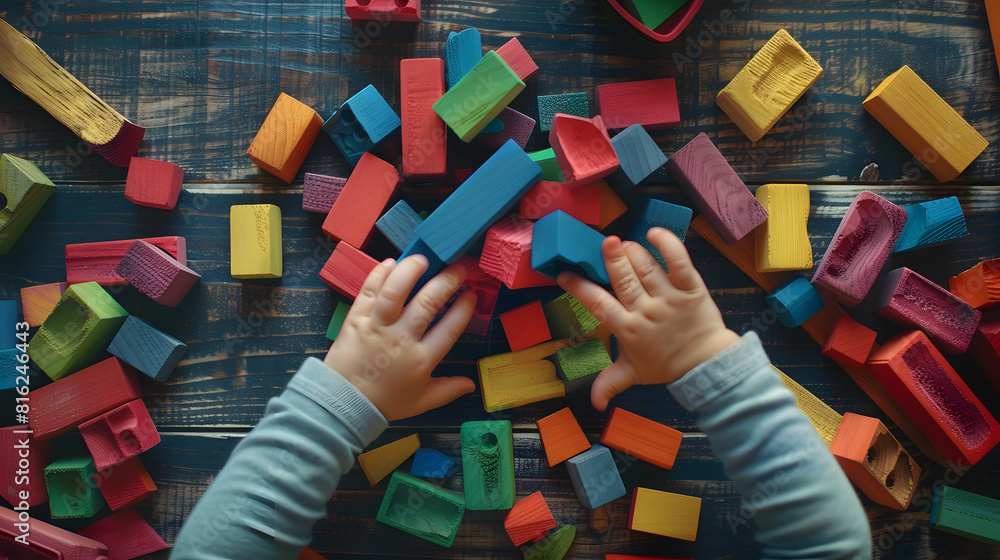Poster close up of child hands playing with colorful wooden bricks at the table toddler having fun and buil