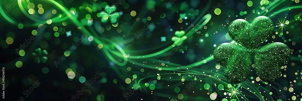 Poster defocused green particles background. green bokeh background, suitable as an abstract st patrick's d