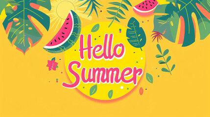 Fototapeta premium Hello Summer: Minimalist Greeting with Sun, Watermelon, and Leaves on Yellow Background