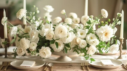 elegant floral arrangements, simple yet elegant centerpieces with white flowers and greenery give off an air of refined sophistication and minimalist beauty
