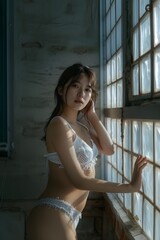 Fototapeta premium A woman in a white lingerie leaning against a window