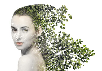 Double exposure of beautiful woman and tree on white background