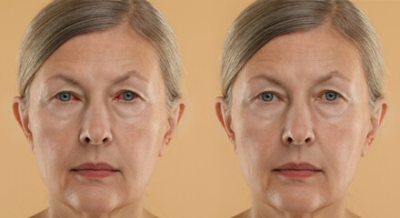 Before and after conjunctivitis treatment. Photos of woman with red and healthy eyes, collage