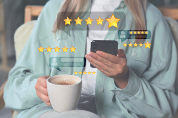 Woman leaving service feedback with smartphone while drinking coffee, closeup. Reviews and stars...
