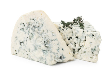Tasty blue cheese with thyme isolated on white