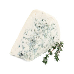 Tasty blue cheese with thyme isolated on white