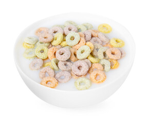 Tasty colorful cereal rings and milk in bowl isolated on white