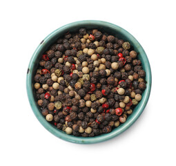 Aromatic spices. Different peppers in bowl isolated on white, top view