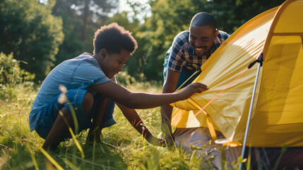 Happy african american son and father pitching tent together in sunny garden summer childhood fatherhood free time camping togetherness and outdoor activities unaltered : Generative AI