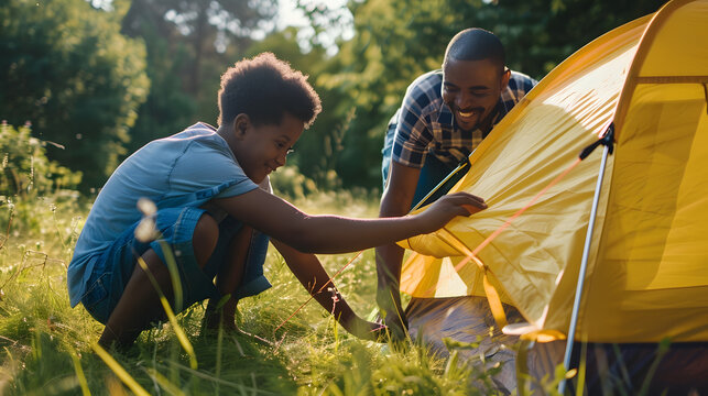 Happy african american son and father pitching tent together in sunny garden summer childhood fatherhood free time camping togetherness and outdoor activities unaltered : Generative AI