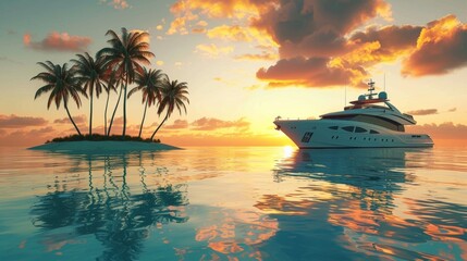 Obraz premium Luxury yacht in sea water at sunset with colorful sky and palm tree.