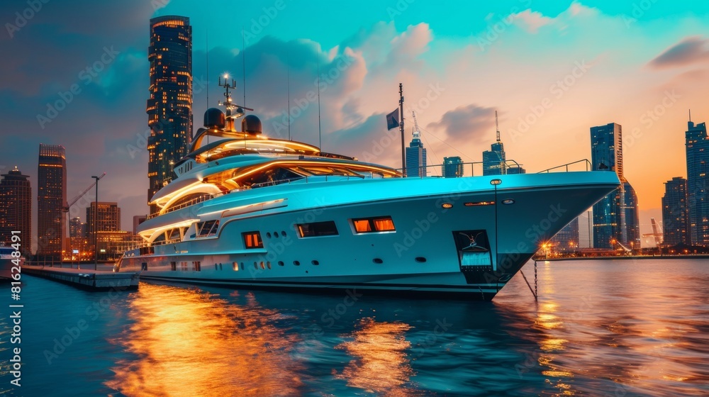 Wall mural luxury yacht in sea water at sunset with colorful sky with city skyline. - Wall murals