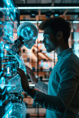 Person interacts with high tech humanoid robot featuring digital face and touch interface in modern lab.