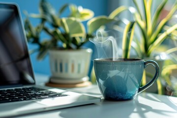 Coffee cup and laptop for business, Selective focus on coffee.