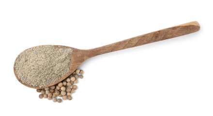 Aromatic spice. Ground pepper in spoon and peppercorns isolated on white, top view