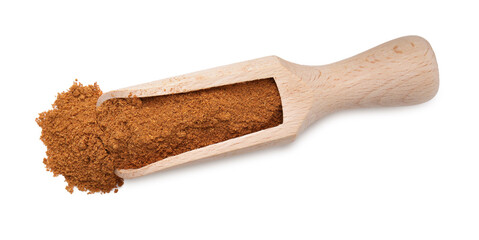 Aromatic spice. Ground red pepper in scoop isolated on white, top view