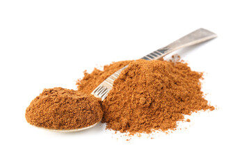 Aromatic spice. Ground red pepper in spoon isolated on white