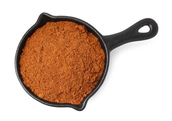 Aromatic spice. Ground red pepper in dish isolated on white, top view