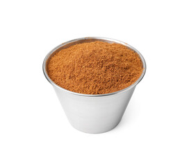 Aromatic spice. Ground red pepper in metal container isolated on white
