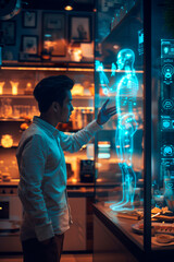 Individual engages with smart home system with holographic human figure in modern neon lit setting.