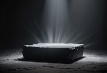 Product background, black stone podium on dark background with fog. Mock up template for product presentation