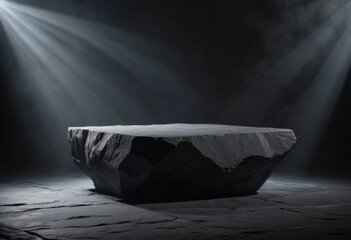 Product background, black stone podium on dark background with fog. Mock up template for product presentation