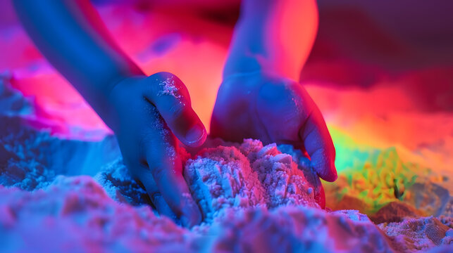 Little hands playing with kinetic sand Educational games with kids for fine motor skills Sand therapy indoors Concept of sensory and creativity game therapy hand development of fine mo : Generative AI