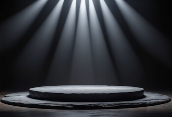Product background, black stone podium on dark background with fog. Mock up template for product presentation
