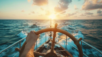 A ship captain is navigating a ship in sea.
