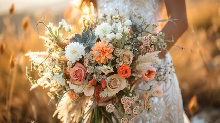 boho bridal bouquet, a trendy bridal bouquet combining succulents, pampas grass, and wildflowers for a chic and minimalist boho wedding vibe - Powered by Adobe