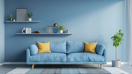 Blue living room with sofa and shelf - 3d